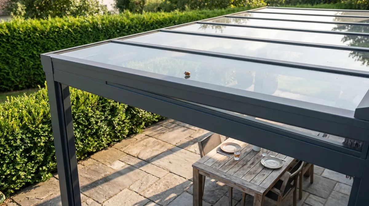 Terrassendach aus Glas über einem Sitzplatz im Garten