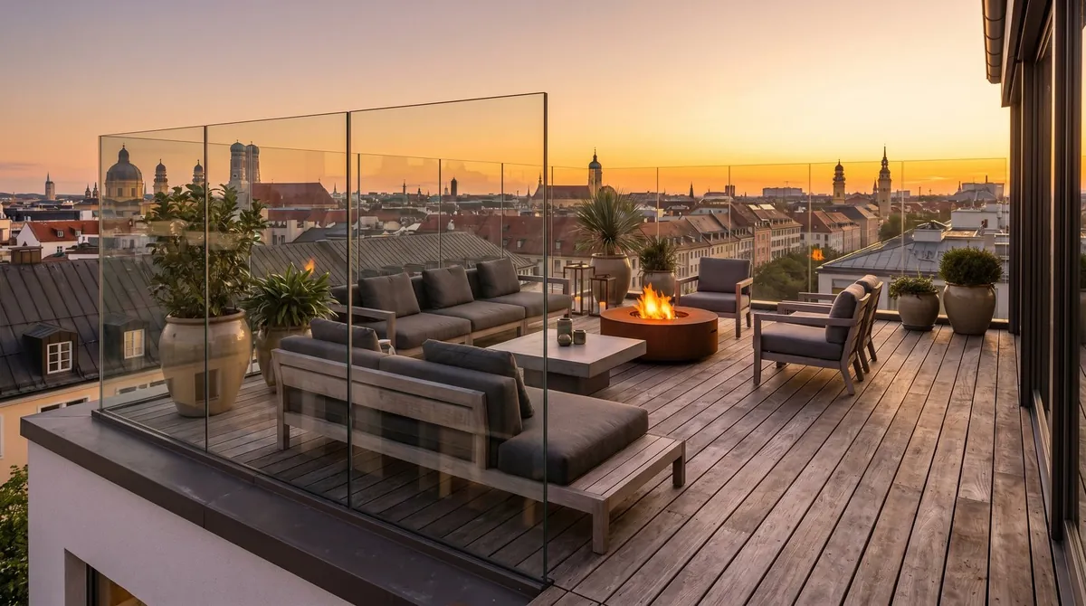 Dachterrasse mit Glasgeländer am Abend